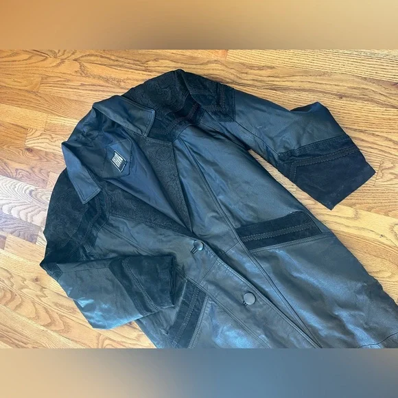 Vintage Greg Bell Black Genuine Leather Trench Coat Jacket S - Picture 3 of 10